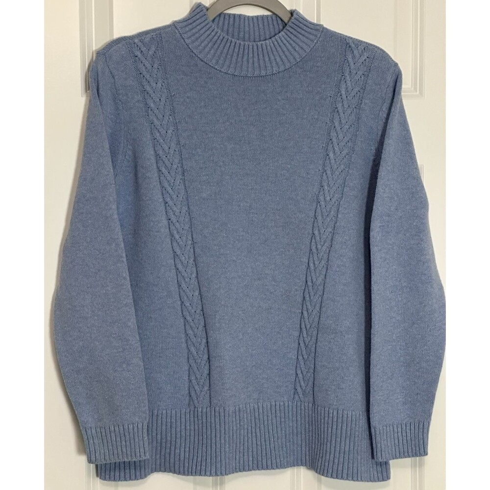 Karen Scott‎ Cable Knit Mock Neck Sweater Size L Blue Coastal Grandma Old Money